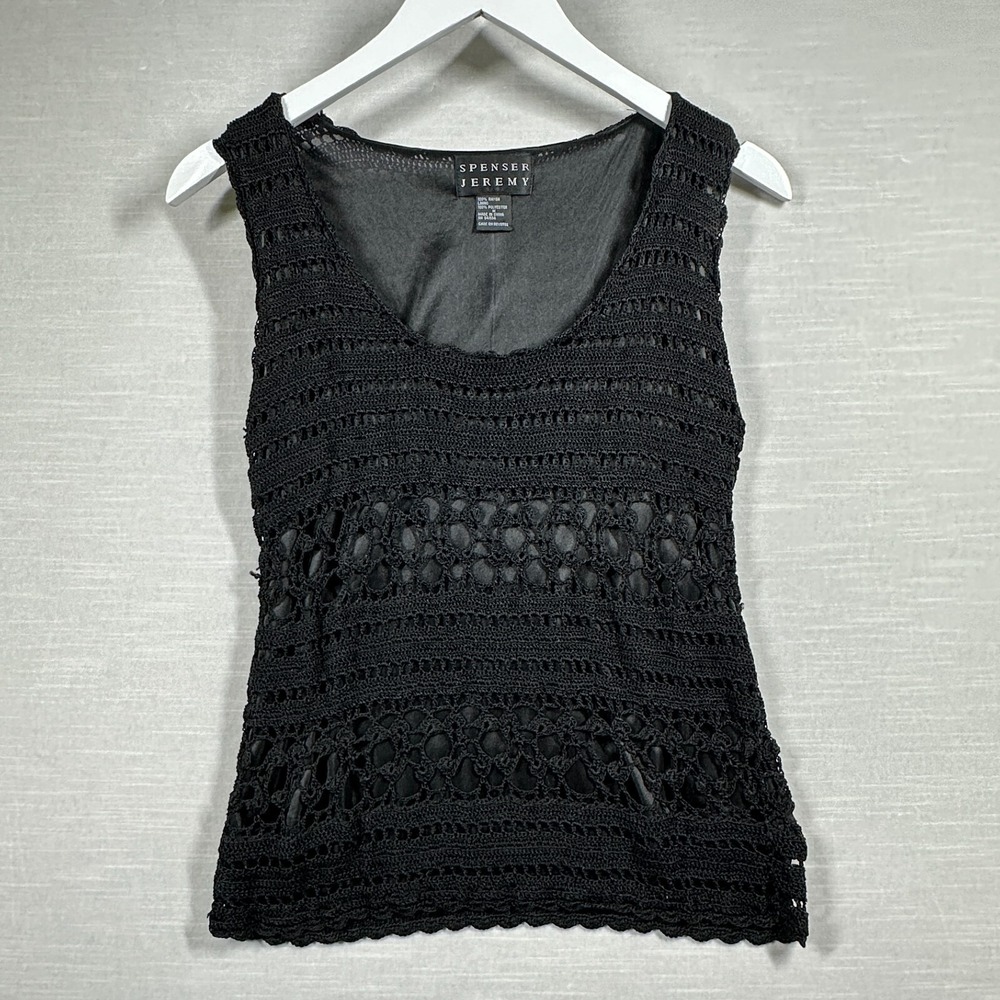 Vintage Spenser Jeremy Crochet Tank Top Women M Black Lined Boho Y2K